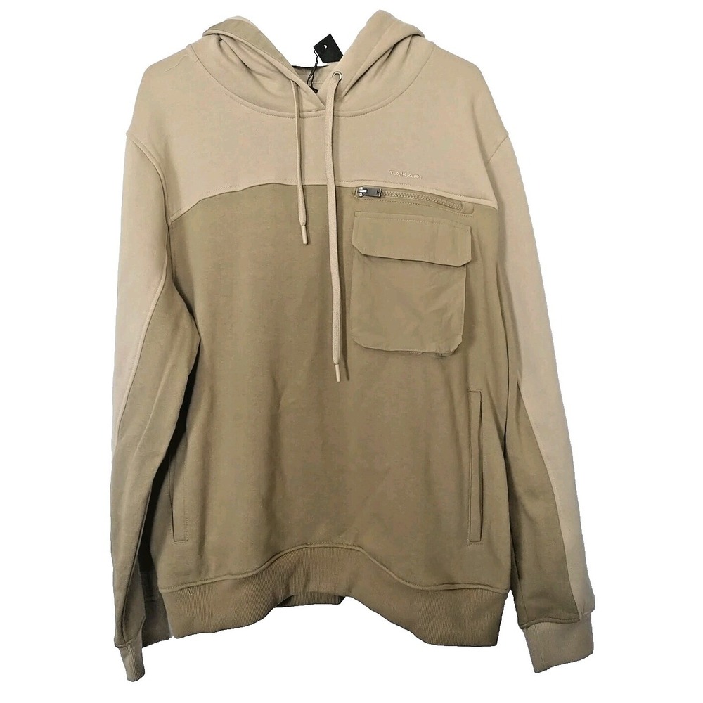 Tahari Men's Tan Long Sleeve Hooded Sweatshirt Zipper Pocket & Hook & Loop Large